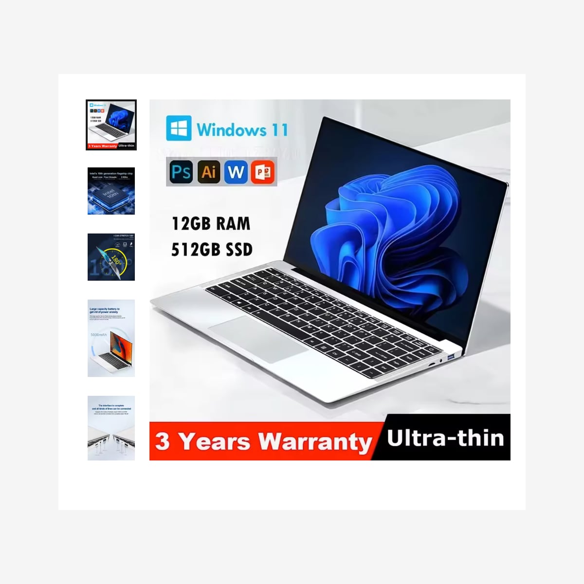 Ordinateur Portable 2026 Windows 11 Intel Atom x7 A3950 12 Go RAM 512 Go SSD
