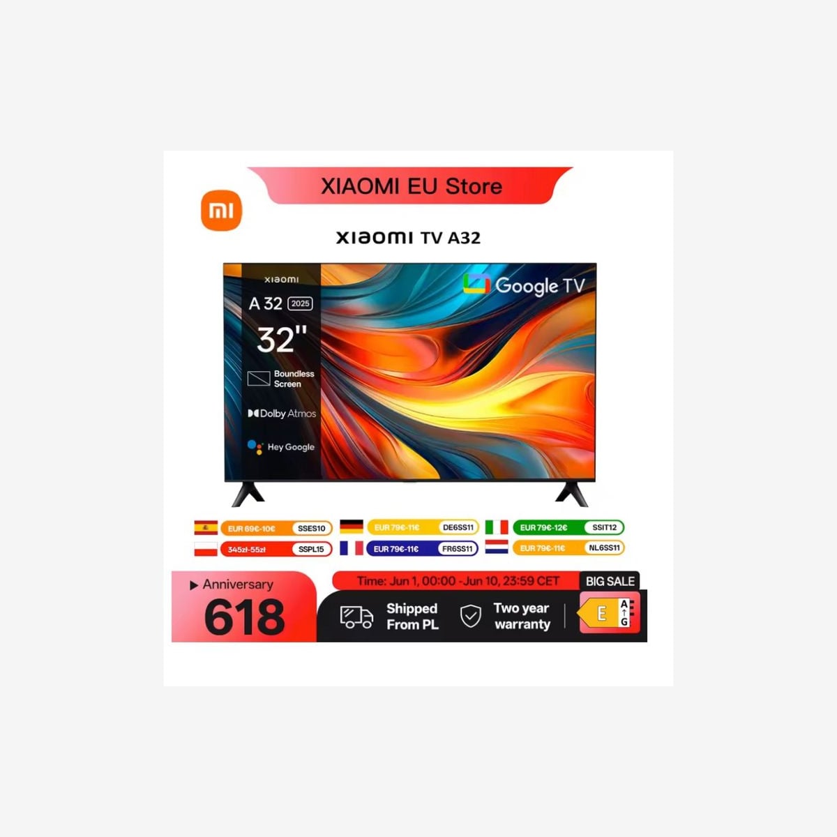 Xiaomi TV A 32, taille compacte avec écran coloré, son dynamique avec audio Dolby ™ , DTS-X et DTS Virtuel : X, Fini métallique haut de gamme