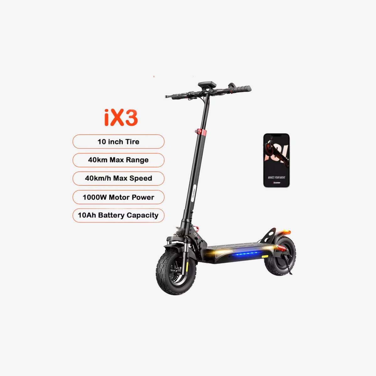 Trottinette électrique tout-terrain BMERY 10 pouces, puissance 1000W, 40km/h, 30-40km de portée