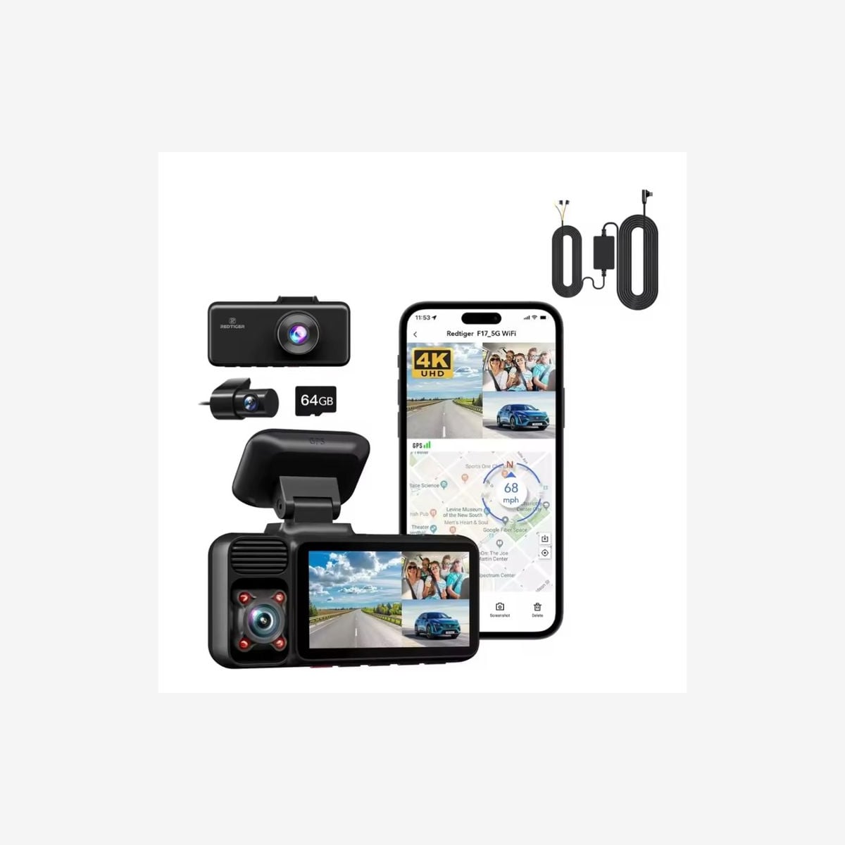 Caméra de Voiture 3 Canaux 4K REDTIGER F17 - Vision Nocturne IR, GPS, WiFi 5G, Triple Caméra